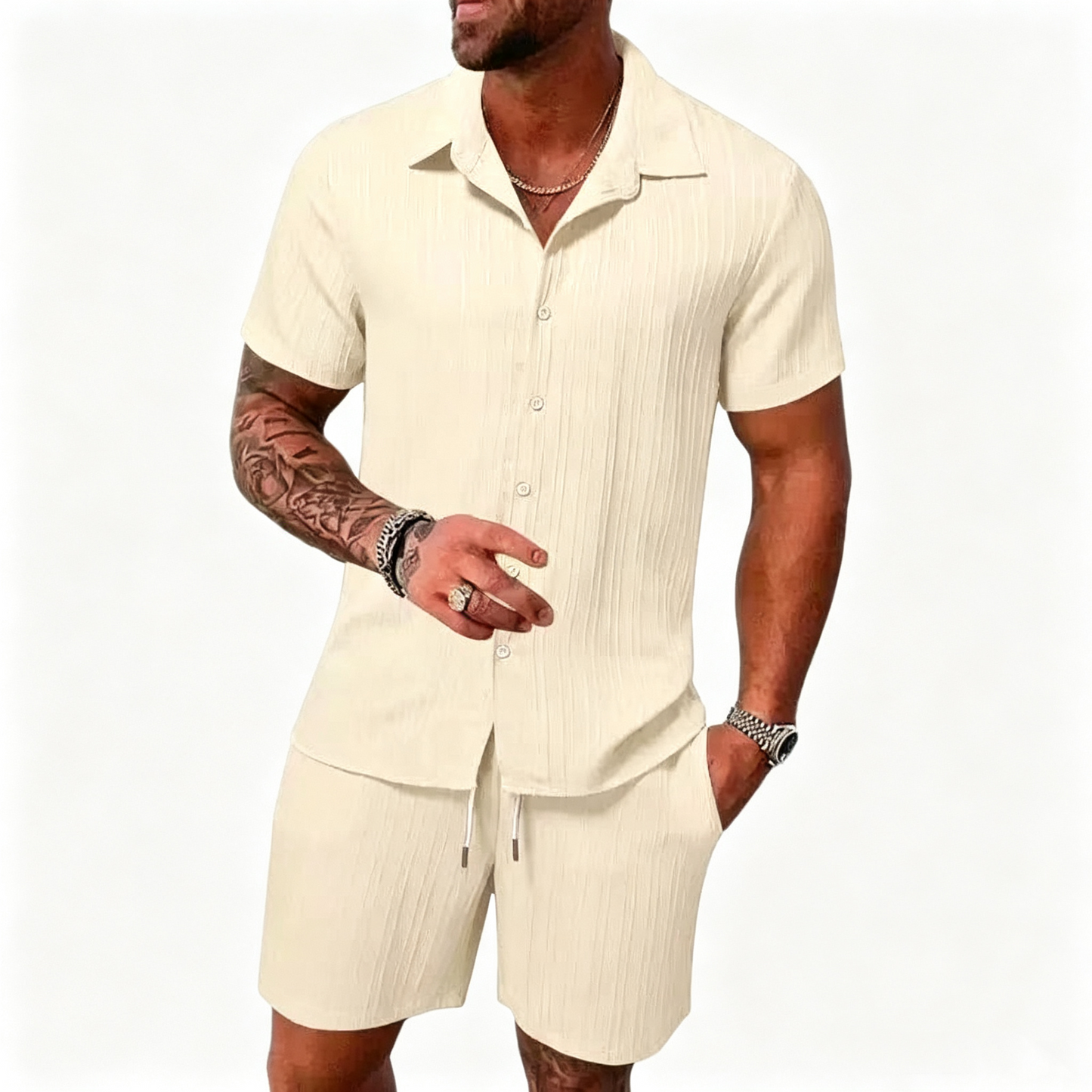 Casual Vertical Texture Short Sleeve Set For Men ☀️