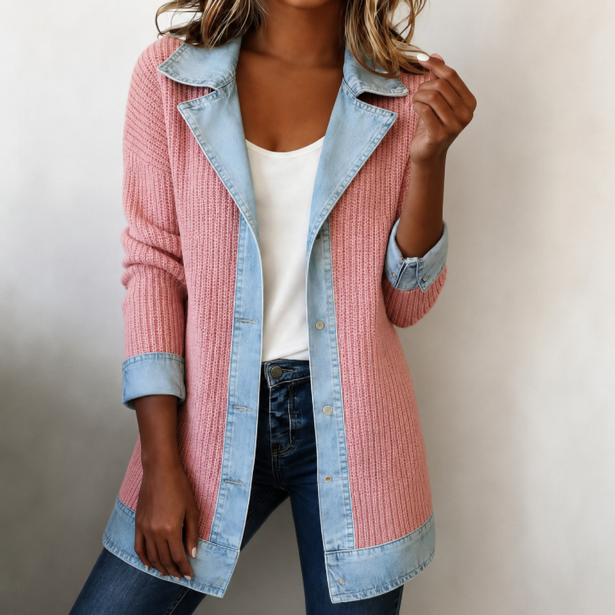 Seasonal Style🛍️Women’s Elegant Denim Spliced Ribbed Knit Coat