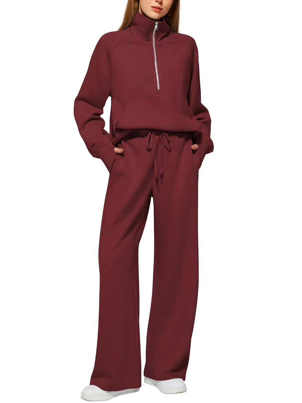 Women's Quarter-Zip Lounge Set – Relaxed Pullover & Wide-Leg Pants