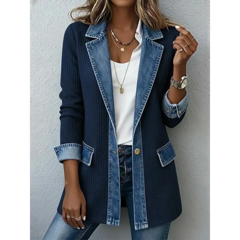 Seasonal Style🛍️Women’s Elegant Denim Spliced Ribbed Knit Coat