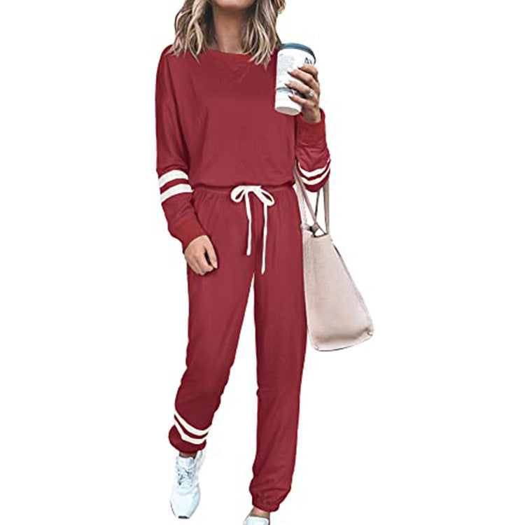 Women's Solid Long Sleeve Round Neck Pullover Top & Drawstring Pants Set