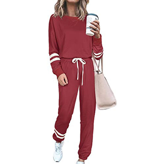 Women's Solid Long Sleeve Round Neck Pullover Top & Drawstring Pants Set