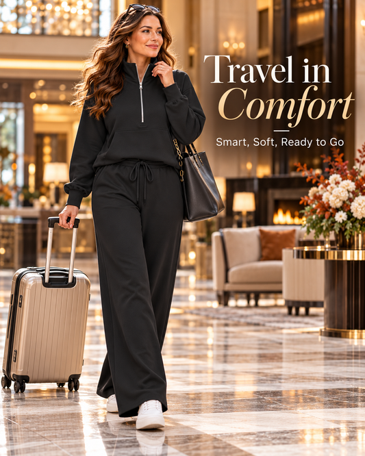 Women's Quarter-Zip Lounge Set – Relaxed Pullover & Wide-Leg Pants
