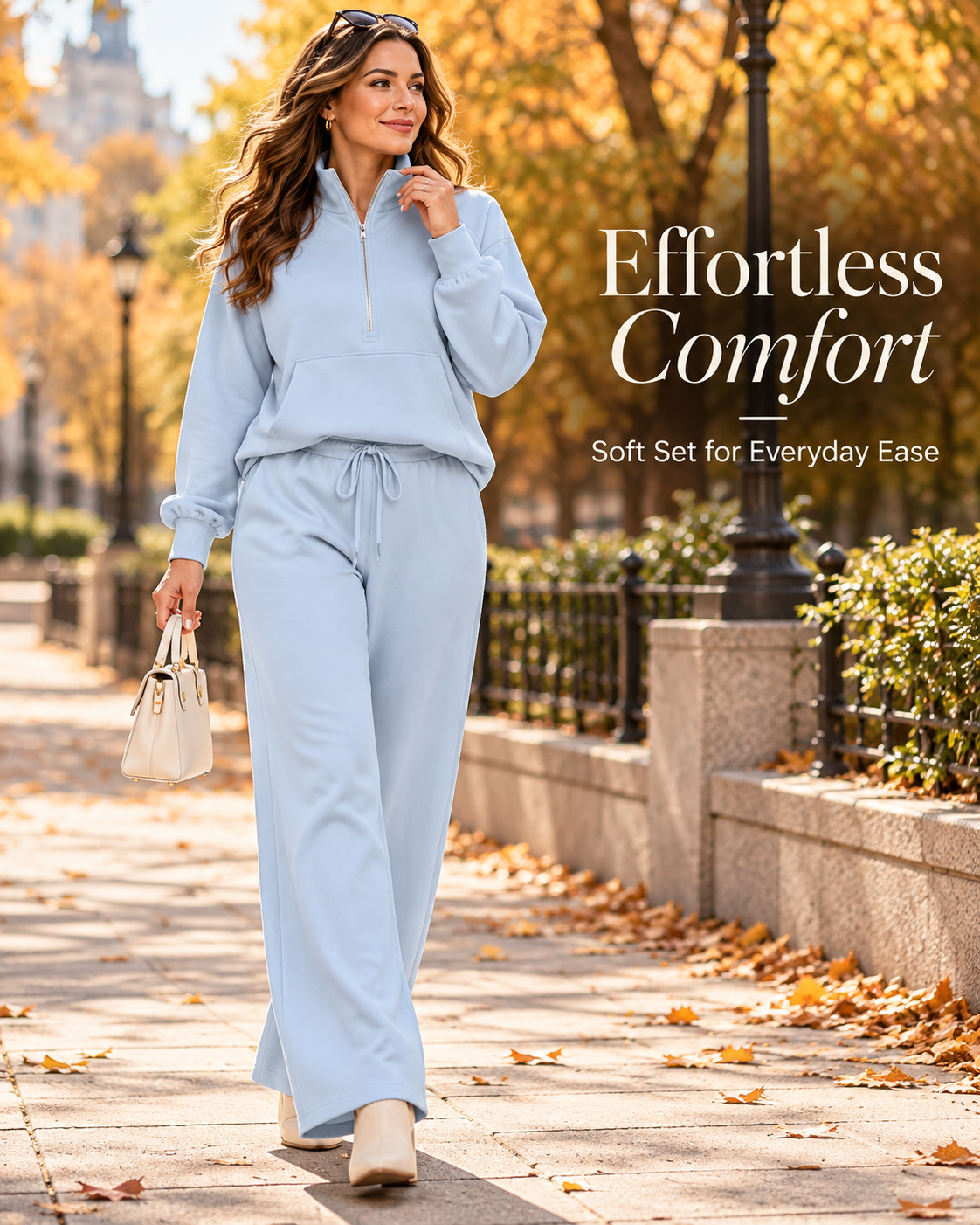 Women's Quarter-Zip Lounge Set – Relaxed Pullover & Wide-Leg Pants