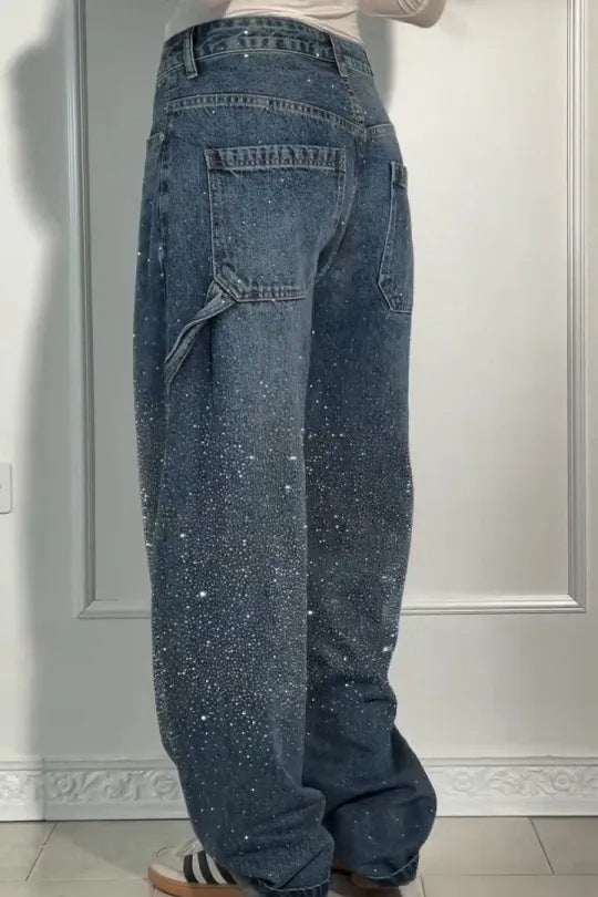 🔥🔥Galaxy Shine Jeans | Rhinestone-Embellished High-Waist Wide-Leg Denim