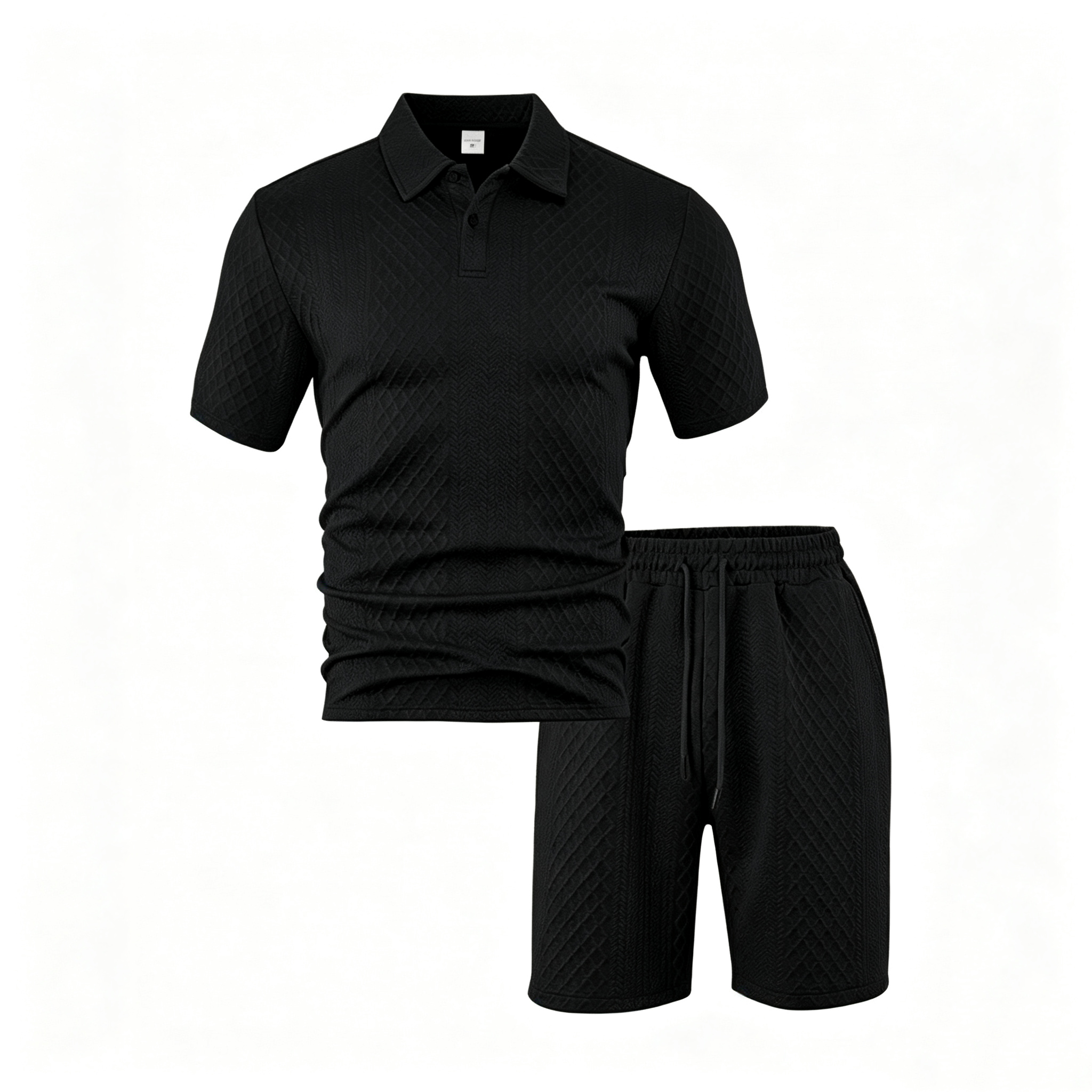 Men’s Diamond Pattern Turn-Down Collar Short Sleeve Top & Drawstring Shorts 2-Piece Set