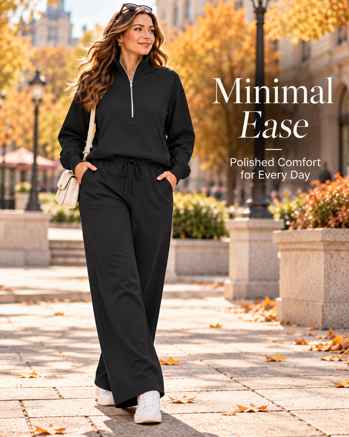 Women's Quarter-Zip Lounge Set – Relaxed Pullover & Wide-Leg Pants