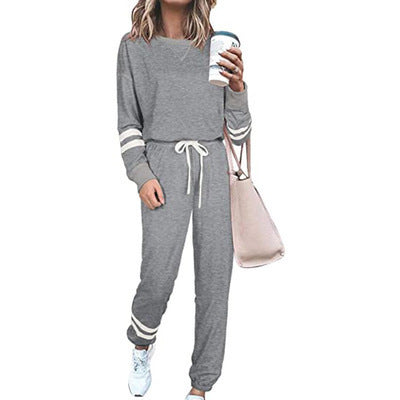Women's Solid Long Sleeve Round Neck Pullover Top & Drawstring Pants Set