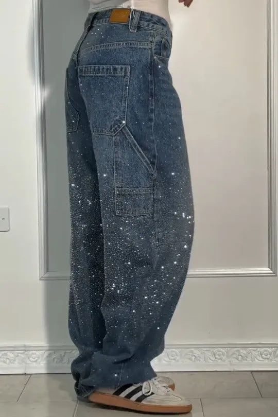 🔥🔥Galaxy Shine Jeans | Rhinestone-Embellished High-Waist Wide-Leg Denim