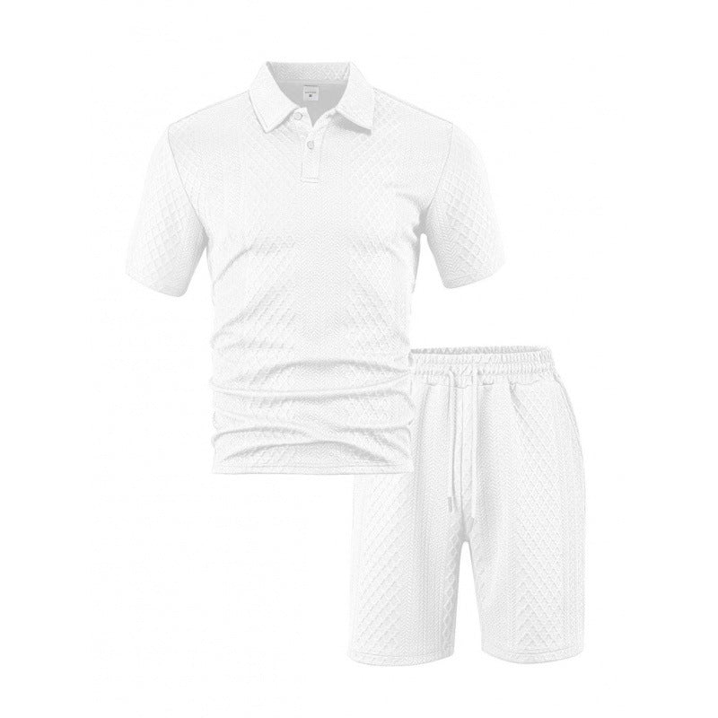 Men’s Diamond Pattern Turn-Down Collar Short Sleeve Top & Drawstring Shorts 2-Piece Set