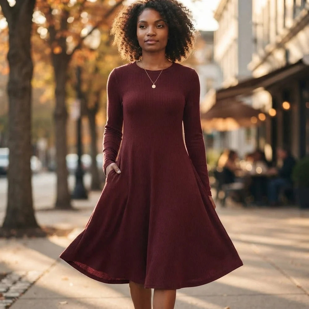 💎🧶 New Arrivals – Long-Sleeved Fall Dresses with Square Necklines for Women