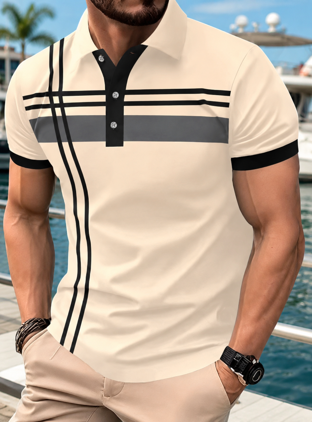 👕 PROMO LIMITÉE 50% DE RÉDUCTION ! ✨ Haut Rayé pour Homme – Col, Manches Courtes ✨