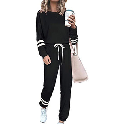 Women's Solid Long Sleeve Round Neck Pullover Top & Drawstring Pants Set