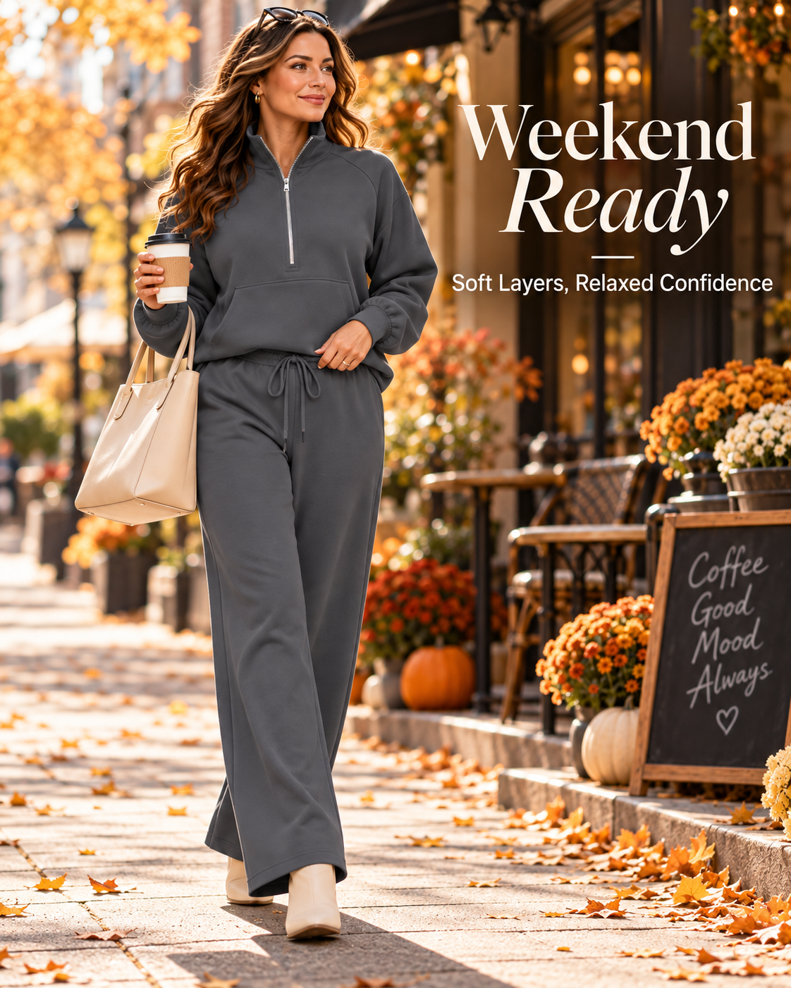 Women's Quarter-Zip Lounge Set – Relaxed Pullover & Wide-Leg Pants