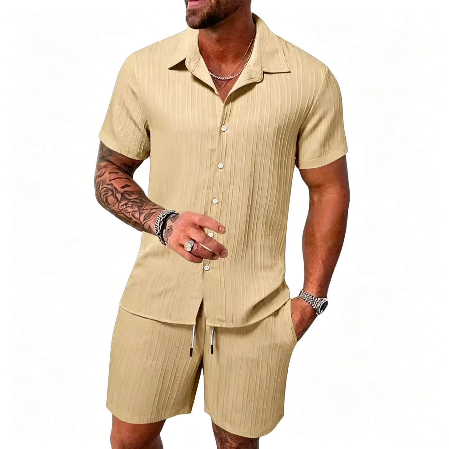 Casual Vertical Texture Short Sleeve Set For Men ☀️