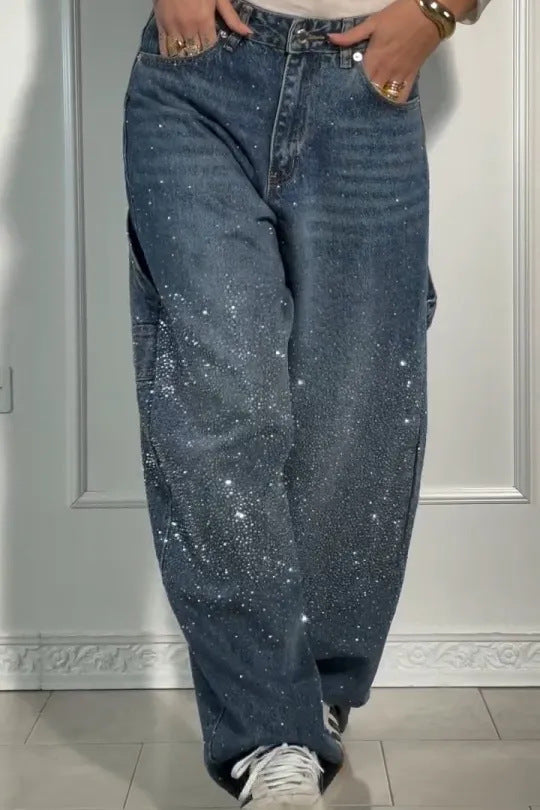 🔥🔥Galaxy Shine Jeans | Rhinestone-Embellished High-Waist Wide-Leg Denim