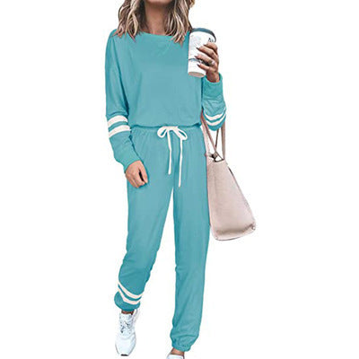 Women's Solid Long Sleeve Round Neck Pullover Top & Drawstring Pants Set