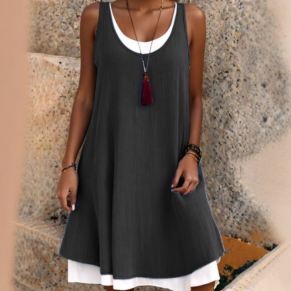 💃Women's Casual Loose Sleeveless Fake Two Piece Tank Dress