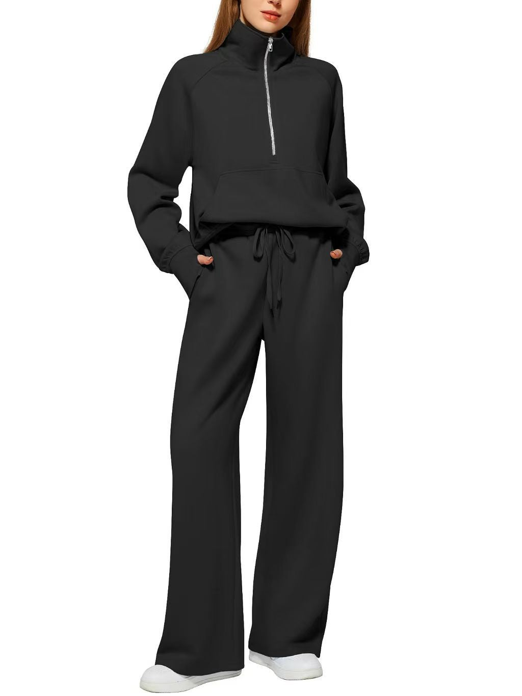 Women's Quarter-Zip Lounge Set – Relaxed Pullover & Wide-Leg Pants