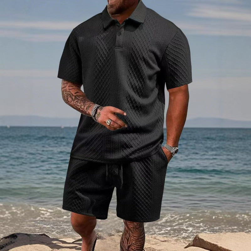 Men’s Diamond Pattern Turn-Down Collar Short Sleeve Top & Drawstring Shorts 2-Piece Set