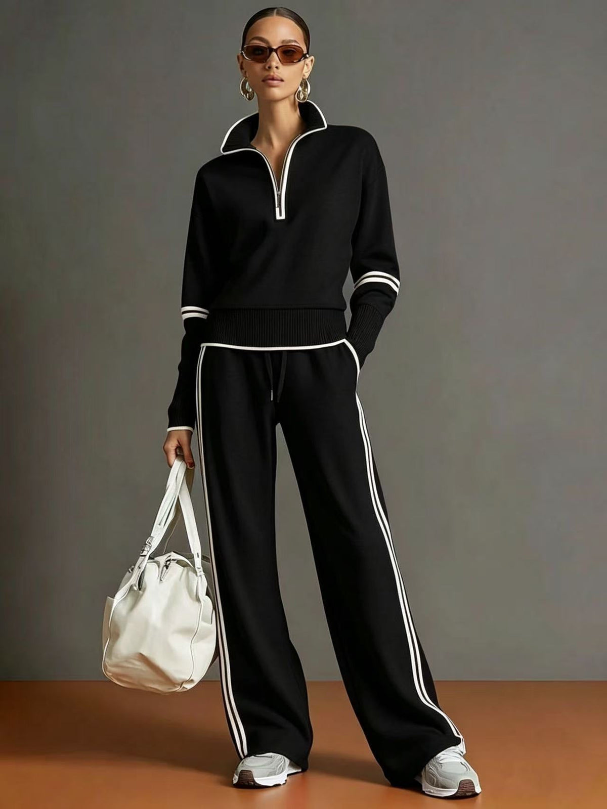 ✨ Women’s Contrast-Trim Half-Zip Wide-Leg Set