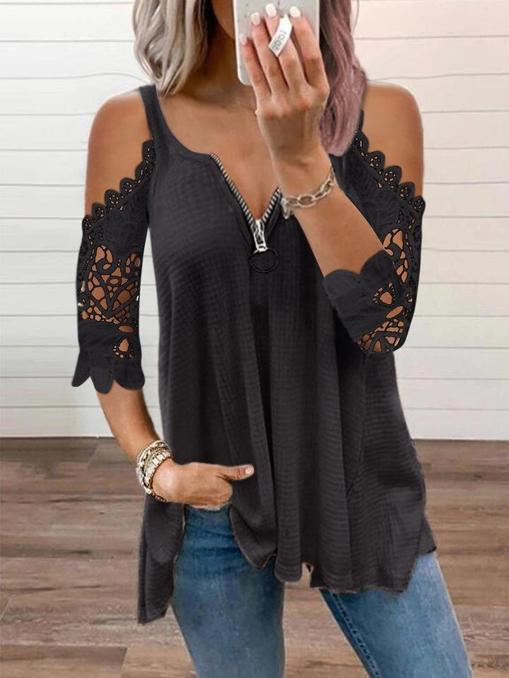 ✨ Women’s Lace Off‑the‑Shoulder Top with Zipper