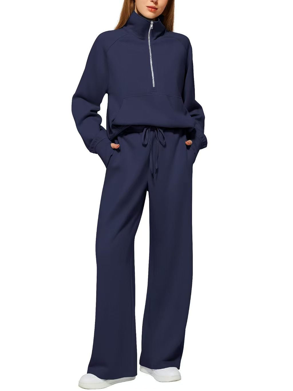 Women's Quarter-Zip Lounge Set – Relaxed Pullover & Wide-Leg Pants