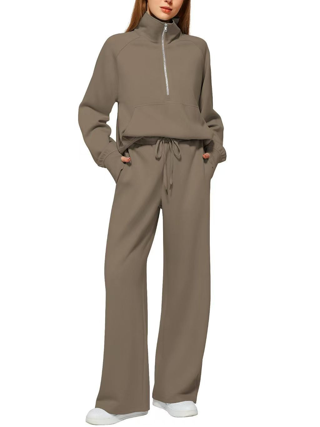 Women's Quarter-Zip Lounge Set – Relaxed Pullover & Wide-Leg Pants