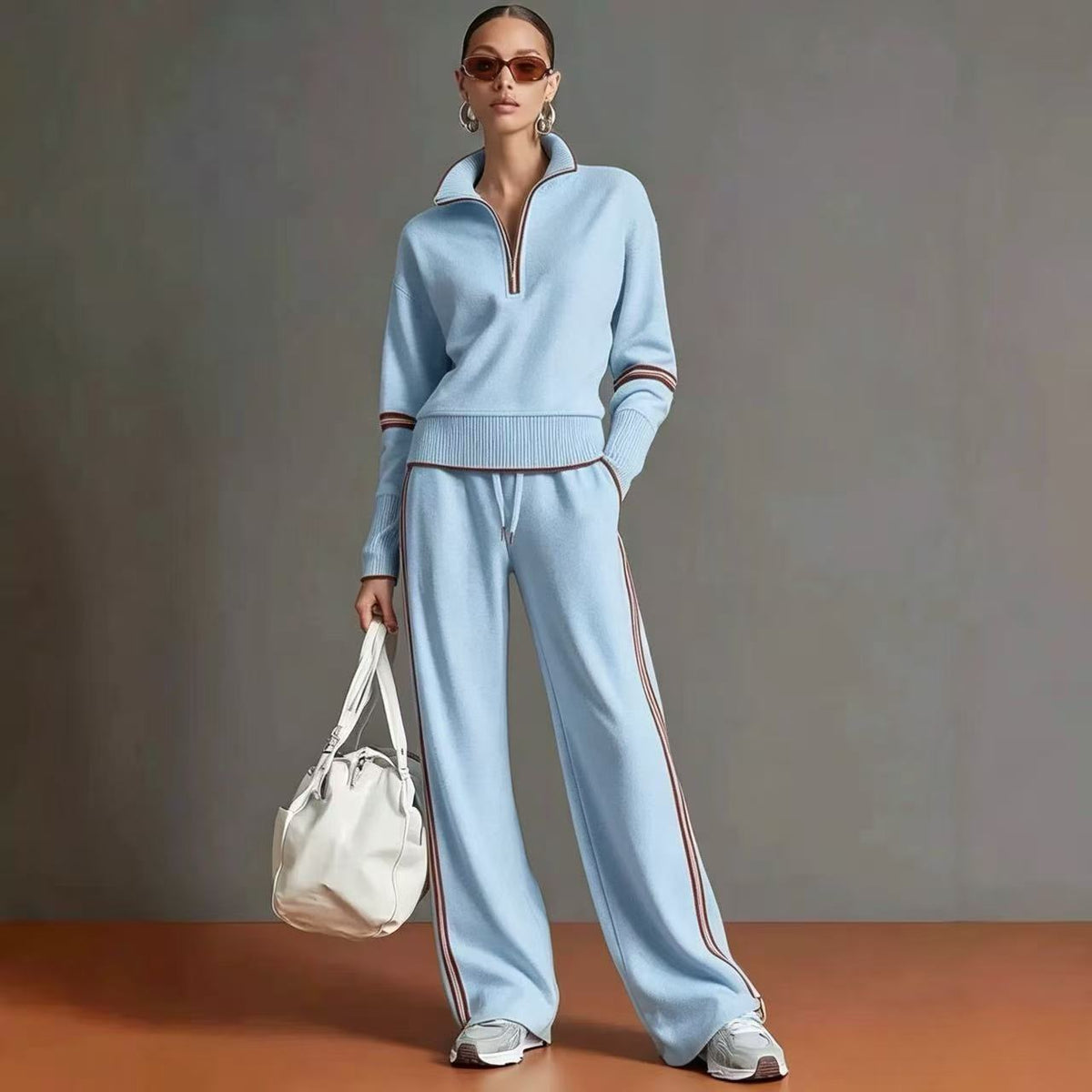 ✨ Women’s Contrast-Trim Half-Zip Wide-Leg Set