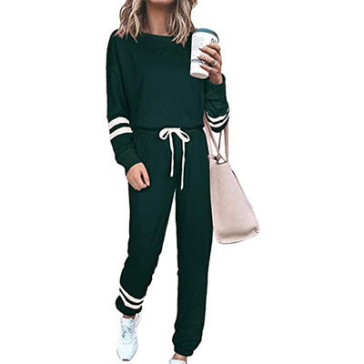 Women's Solid Long Sleeve Round Neck Pullover Top & Drawstring Pants Set