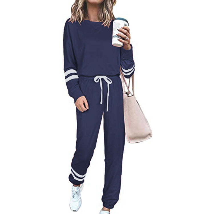 Women's Solid Long Sleeve Round Neck Pullover Top & Drawstring Pants Set