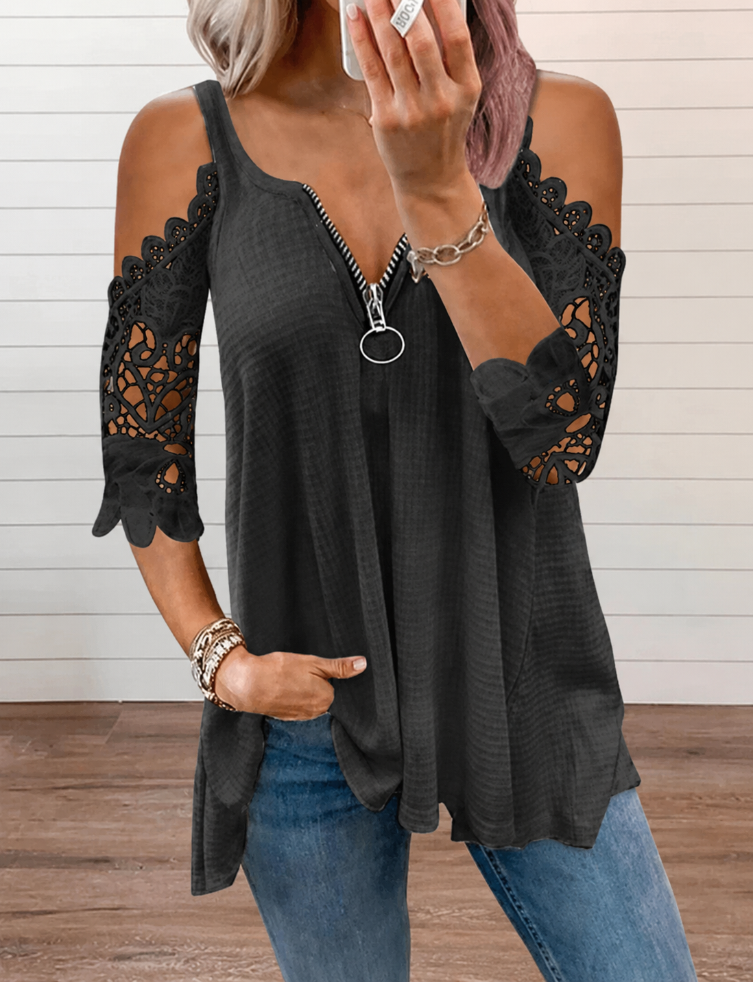 ✨ Women’s Lace Off‑the‑Shoulder Top with Zipper