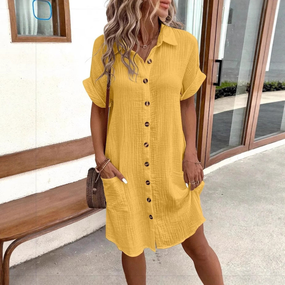 Women's Button Down Linen Short Sleeve Shirt Dress With Pockets