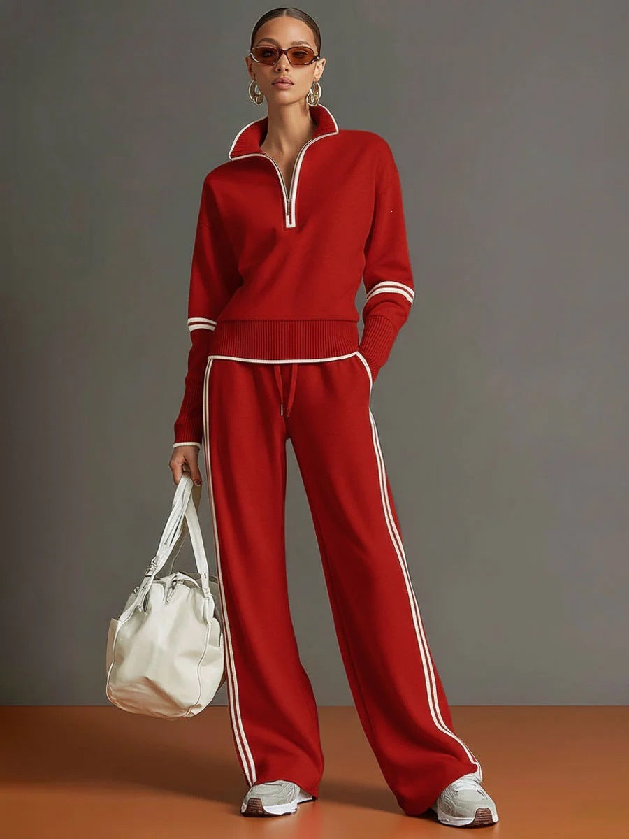 ✨ Women’s Contrast-Trim Half-Zip Wide-Leg Set