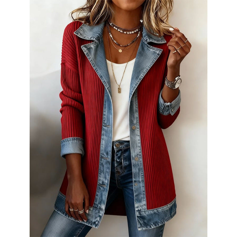 Seasonal Style🛍️Women’s Elegant Denim Spliced Ribbed Knit Coat