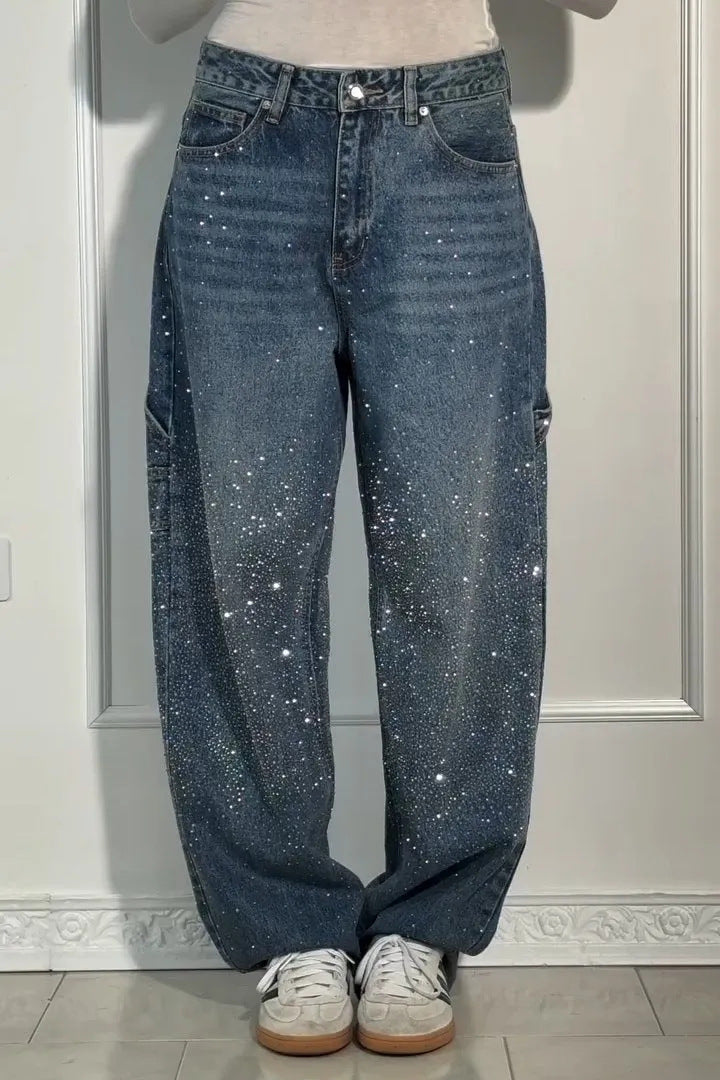 🔥🔥Galaxy Shine Jeans | Rhinestone-Embellished High-Waist Wide-Leg Denim