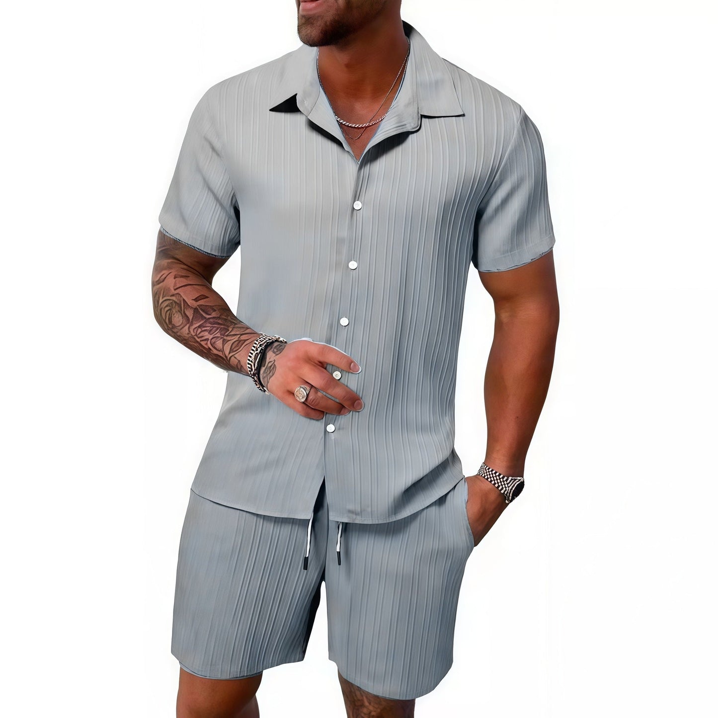 Casual Vertical Texture Short Sleeve Set For Men ☀️