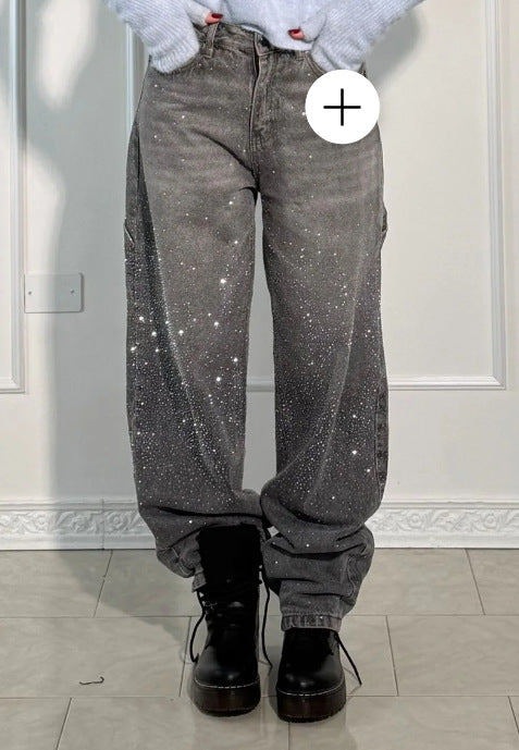 🔥🔥Galaxy Shine Jeans | Rhinestone-Embellished High-Waist Wide-Leg Denim