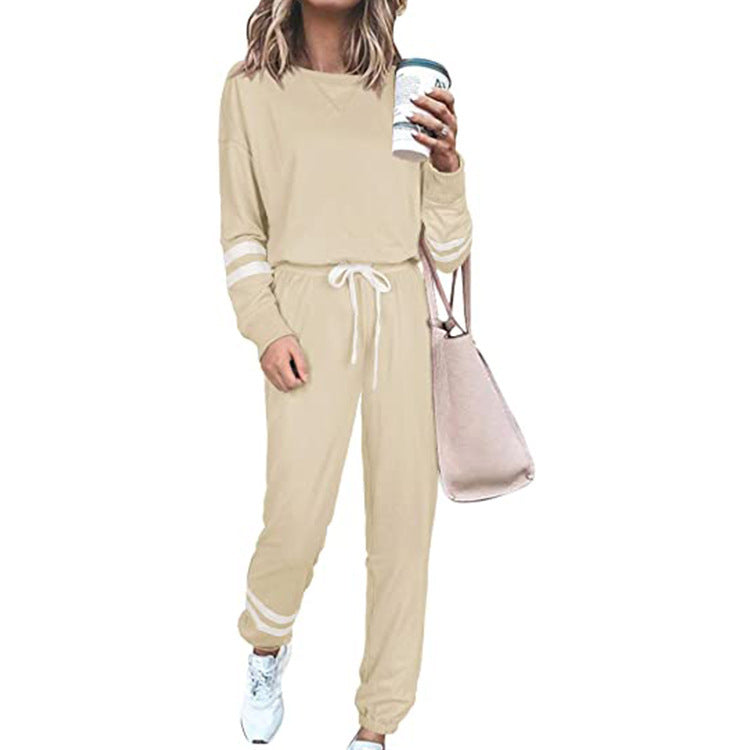 Women's Solid Long Sleeve Round Neck Pullover Top & Drawstring Pants Set
