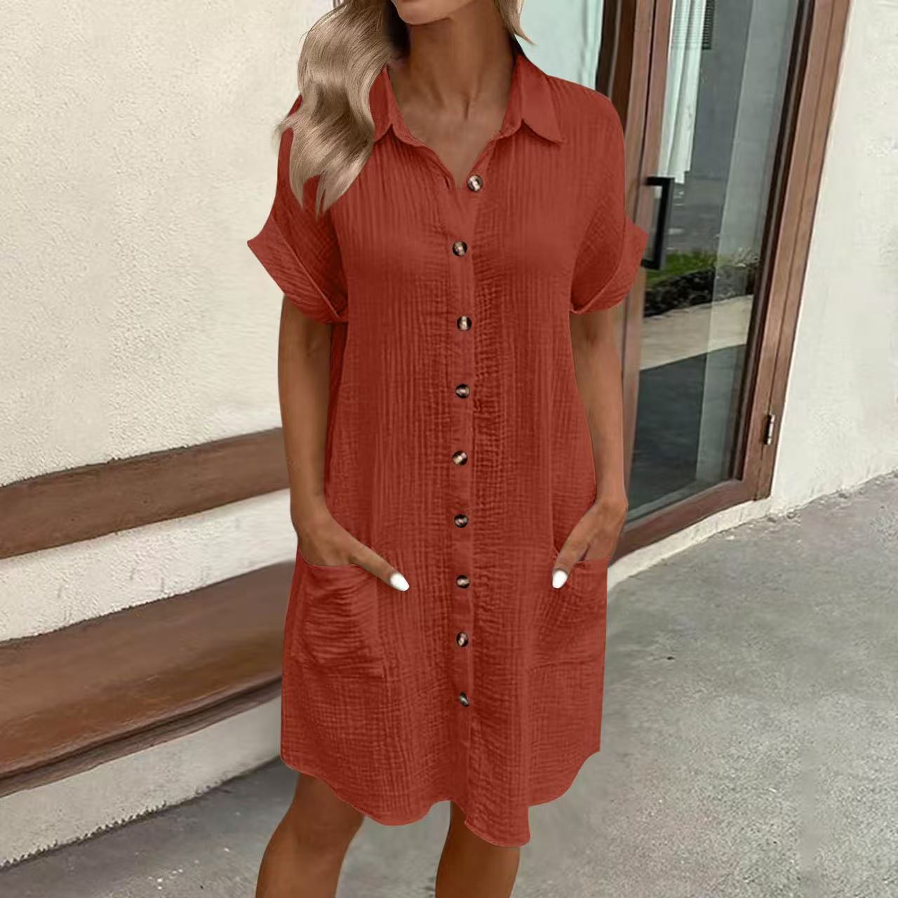 Women's Button Down Linen Short Sleeve Shirt Dress With Pockets