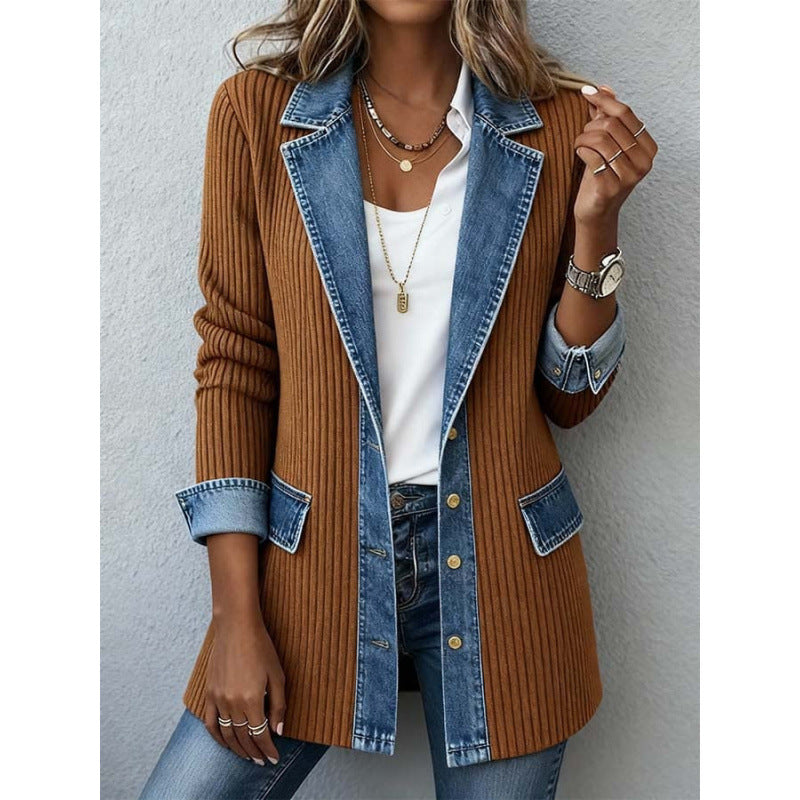 Seasonal Style🛍️Women’s Elegant Denim Spliced Ribbed Knit Coat