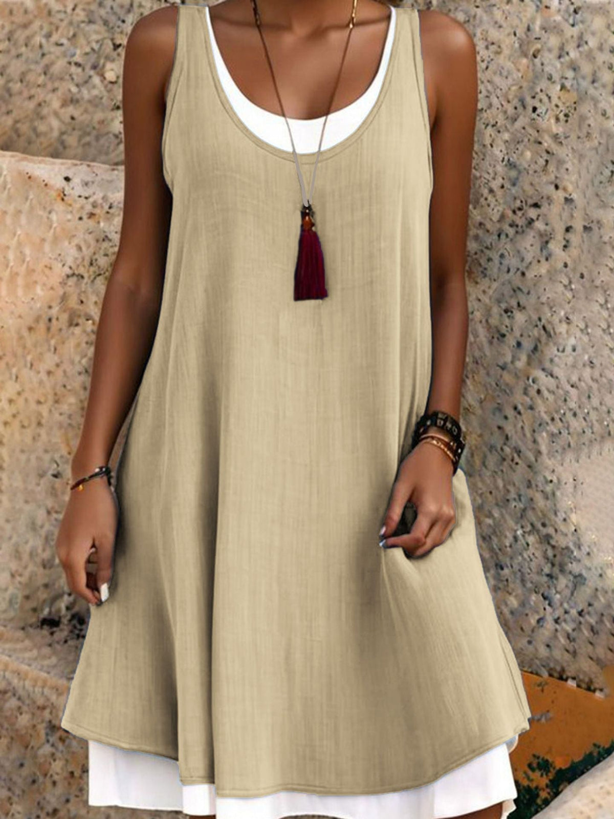💃Women's Casual Loose Sleeveless Fake Two Piece Tank Dress