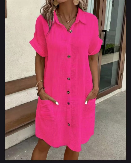 Women's Button Down Linen Short Sleeve Shirt Dress With Pockets