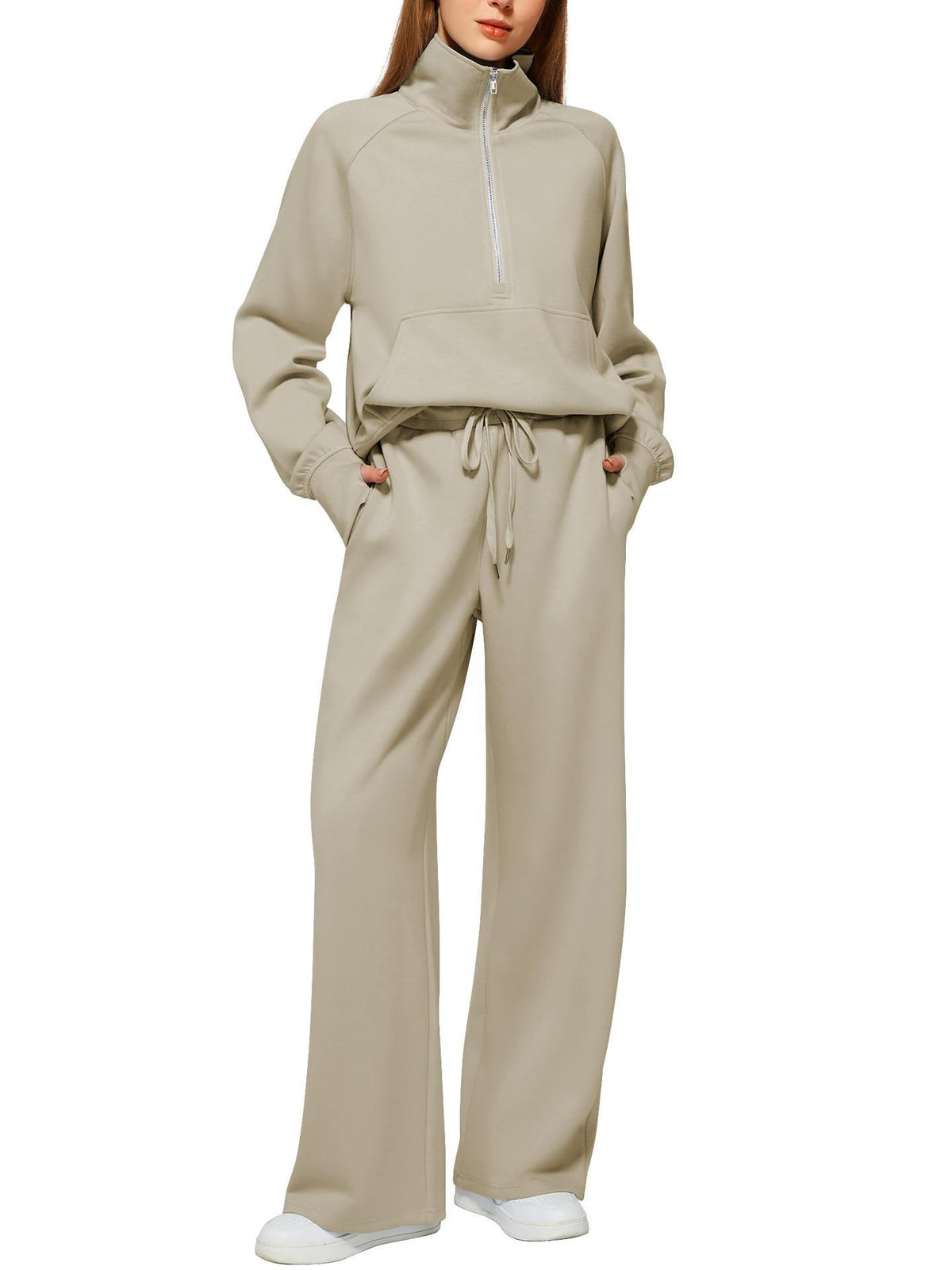 Women's Quarter-Zip Lounge Set – Relaxed Pullover & Wide-Leg Pants