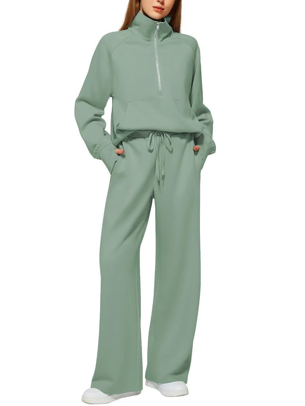 Women's Quarter-Zip Lounge Set – Relaxed Pullover & Wide-Leg Pants