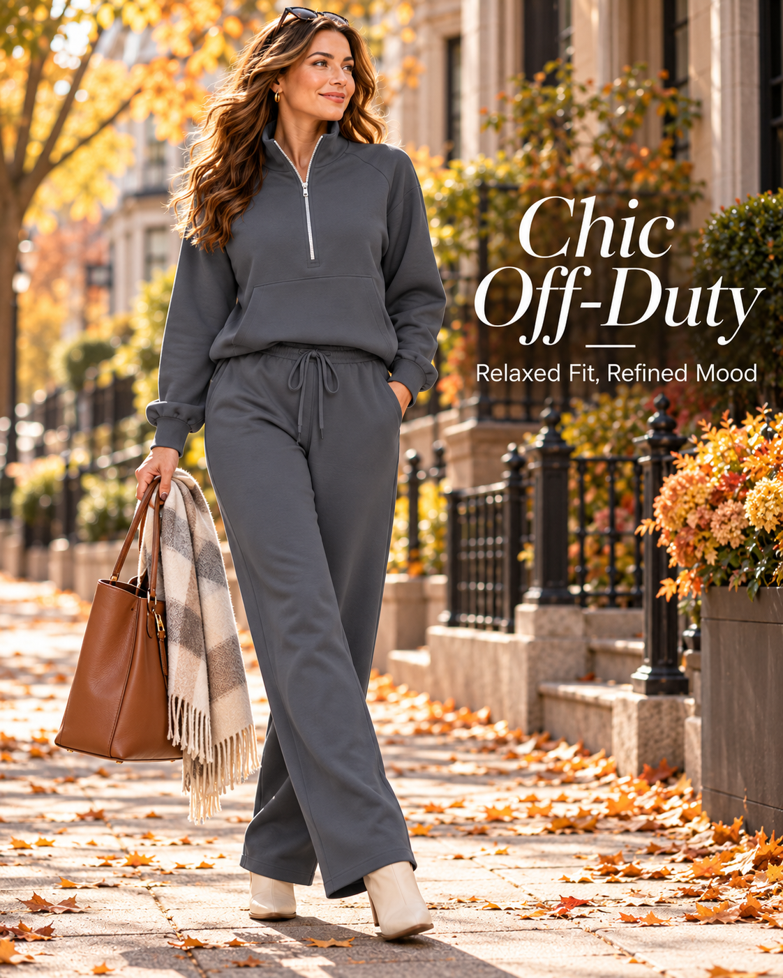 Women's Quarter-Zip Lounge Set – Relaxed Pullover & Wide-Leg Pants