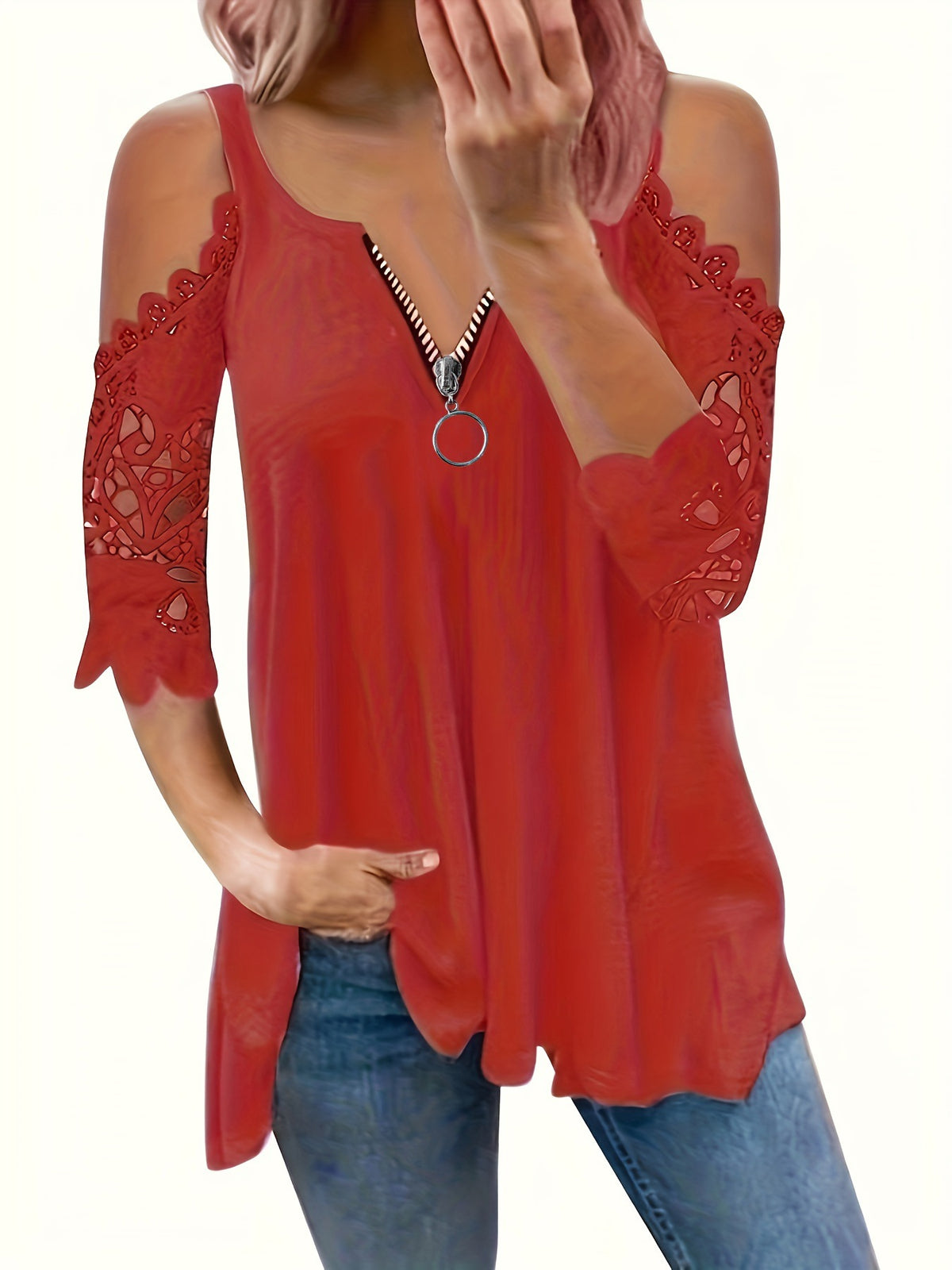 ✨ Women’s Lace Off‑the‑Shoulder Top with Zipper