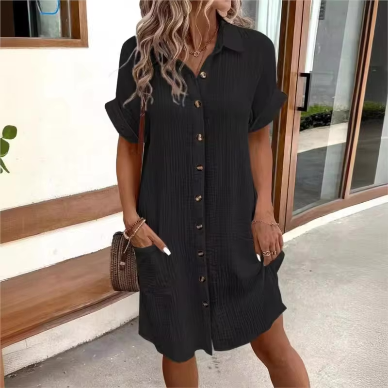 Women's Button Down Linen Short Sleeve Shirt Dress With Pockets