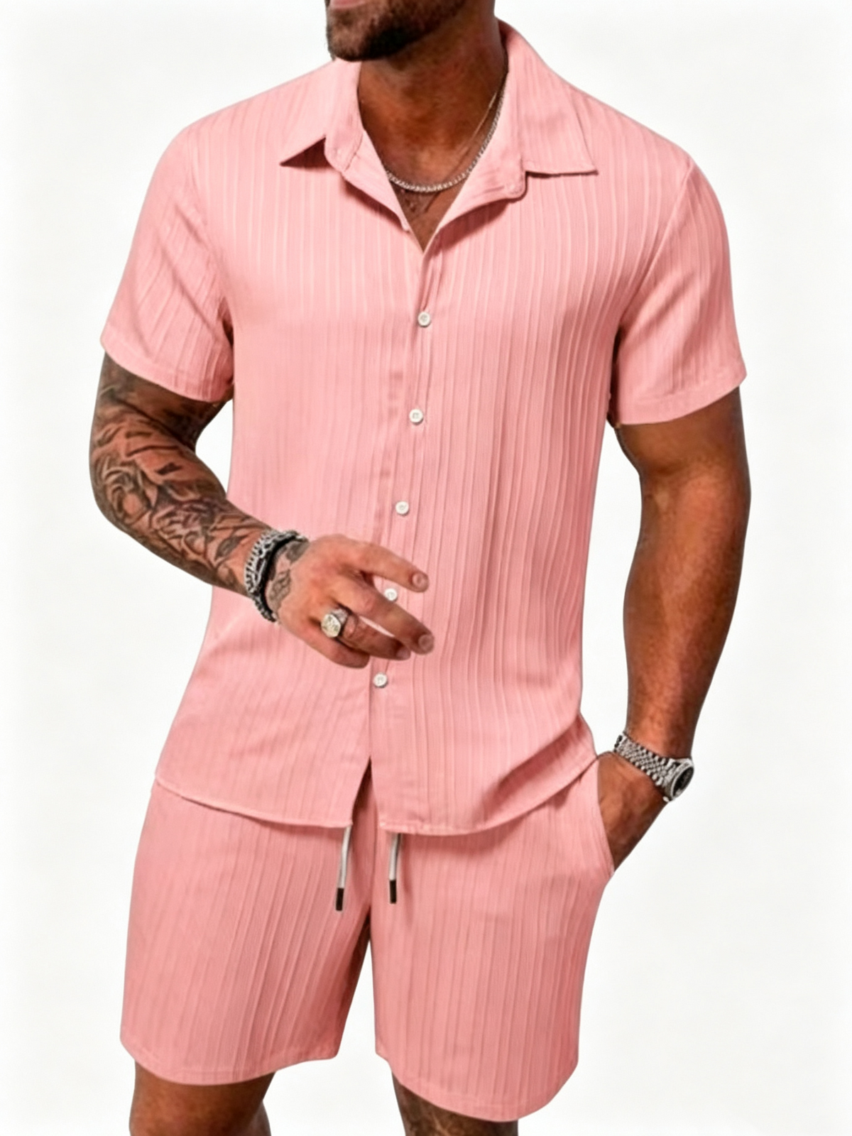 Casual Vertical Texture Short Sleeve Set For Men ☀️