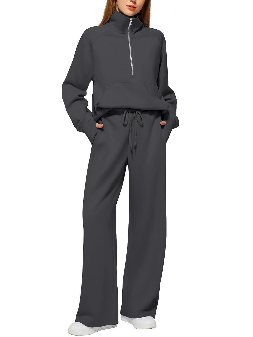 Women's Quarter-Zip Lounge Set – Relaxed Pullover & Wide-Leg Pants